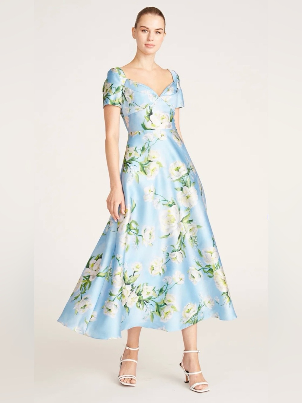 Theia Anisa Light Blue Floral A-Line tea length Midi Mikado Dress